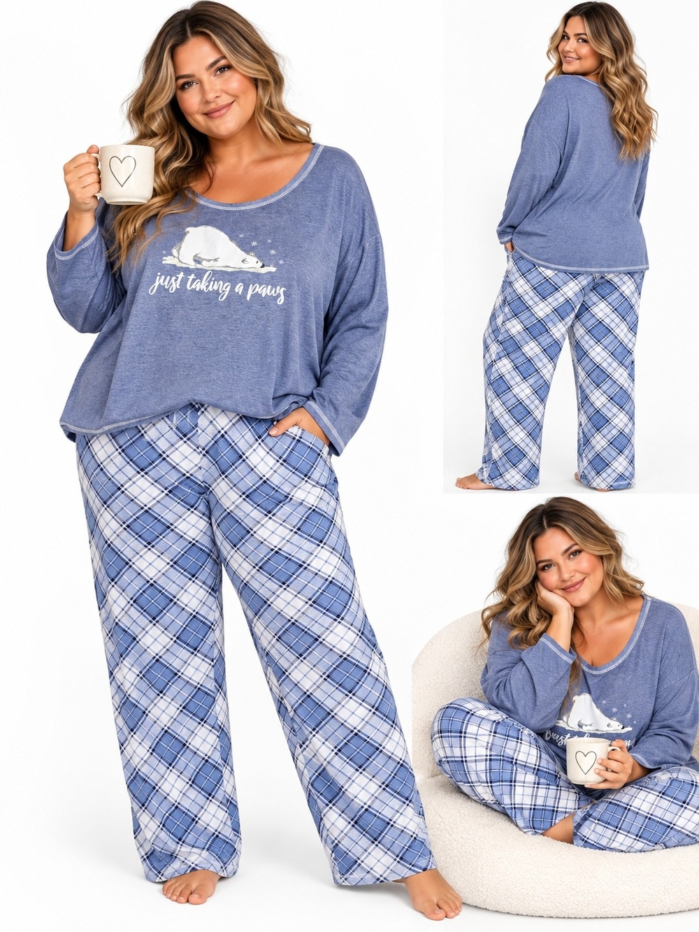 Sleep by Cacique 30/32 Pajama Set Blue Plaid Polar Bear Cozy Lounge Sleepwear